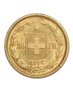 Swiss Gold 20 Francs Crowned Head Helvetica XF-AU Obverse