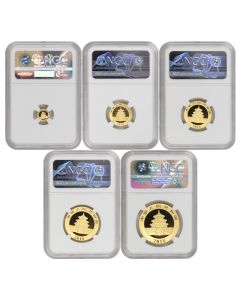 Set of 5 2018 Chinese Gold Panda 500, 200, 100, 50 & 10 Yn NGC MS70 FDOI Obverse