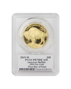 2019-W $50 Gold Buffalo PCGS PR70DCAM FDOI Mercanti Label OGP Obverse