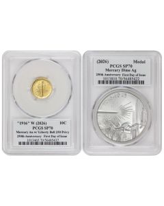 Set of 2 1916 (2026) 10C Gold Mercury Dime and Silver Medal BoTM PCGS SP70 FDOI Semiquincentennial Label w/ OGP