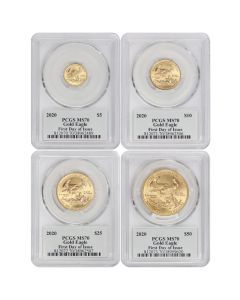 Set of 4 2020 Gold Eagle PCGS MS70 FDOI Dannreuther Label Obverse