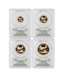 Set of 4 2020-W Gold Eagles PCGS PR70DCAM FDOI Cleveland Label Obverse