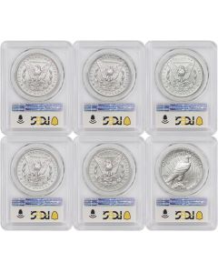 Set of 6 2021 Silver Morgan & Peace Dollars PCGS MS70 Advanced Release w/OGP Obverse