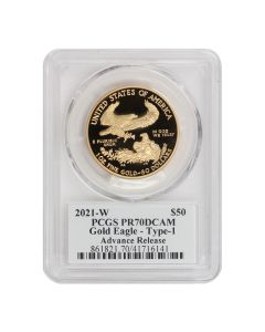 2021-W $50 Gold Eagle T1 PCGS PR70DCAM AR Mercanti Label