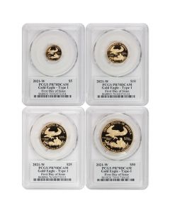 Set of 4 2021-W Gold Eagles T1 PCGS PR70DCAM FDOI Mercanti Label w/ OGP