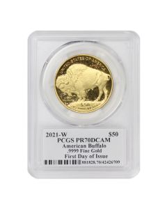 2021-W $50 Gold Buffalo PCGS PR70DCAM FDOI Cleveland Flag Label Obverse