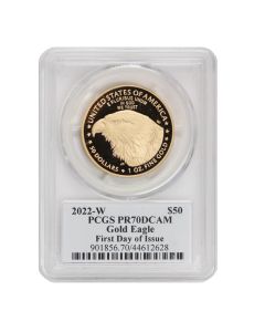 2022-W $50 Gold Eagle PCGS PR70DCAM FDOI Cleveland Label Obverse