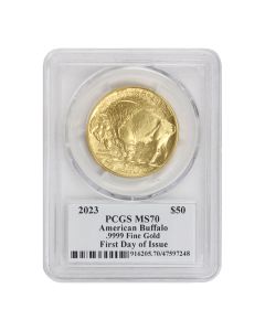 2023 $50 Gold Buffalo PCGS MS70 FDOI Hall Label Obverse