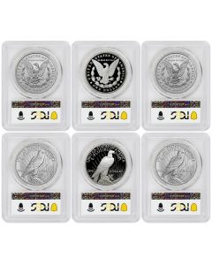 US 2023 $1 Silver Morgan & Peace PCGS MS70, PR70DCAM, PR70 6 Coin Set Advanced Release w/ OGP Obverse