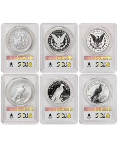 Set of 6 2023 $1 Silver Morgan & Peace PCGS MS70, PR70DCAM, PR70 FDOI w/ OGP Obverse