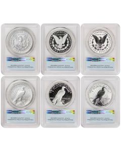 US 2023 $1 Silver Morgan & Peace PCGS MS70, PR70DCAM, PR70 6 Coin Set First Strike Flag Label w/ OGP Obverse