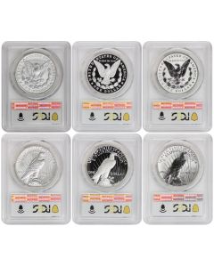 US $1 Silver Morgan & Peace 2024 PCGS MS70, PR70DCAM, PR70 6 Coin Set Advanced Release w/ OGP Obverse