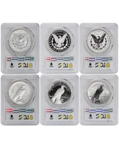 US $1 Silver Morgan & Peace 2024 MS70, PR70DCAM, PR70 First Strike 6 Coin Set w/ OGP Obverse