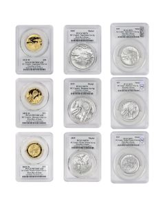 Set of 9 2025 Gold Superman, Batman, Wonder Woman & Silver Medals 2025 PCGS PR70DCAM & MS70 FDOI Superhero Label w/ OGP