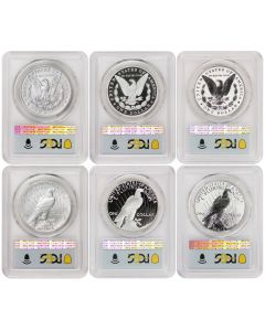 Set of 6 2025 $1 Silver Morgan & Peace PCGS MS70, PR70DCAM, PR70 FDOI Flag w/ OGP