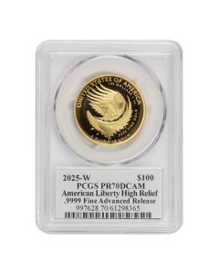 2025-W $100 Gold High Relief Liberty PCGS PR70DCAM AR Mercanti Label