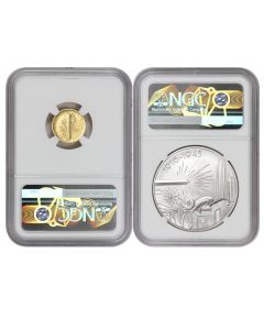 Set of 2 1916 (2026) 10C Gold Mercury Dime and Silver Medal BoTM NGC SP70 FDOI 250th Label w/ OGP