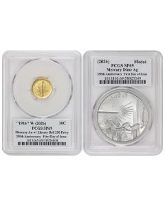 Set of 2 1916 (2026) 10C Gold Mercury Dime and Silver Medal PCGS SP69 FDOI Semiquincentennial Label w/ OGP