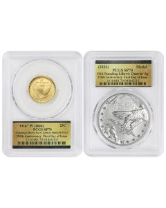 Set of 2 2026 Gold Standing Liberty Quarter and Silver Medal PCGS SP70 FDOI 250th Label w/ OGP