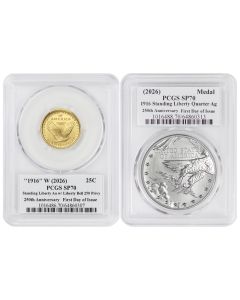 Set of 2 2026 Gold Standing Liberty Quarter and Silver Medal PCGS SP70 FDOI Semiquincentennial Label w/ OGP