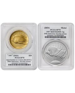 Set of 2 1907 (2026) $20 Gold Saint Gaudens and Silver Medal PCGS SP70 FDOI SQ Label w/ OGP