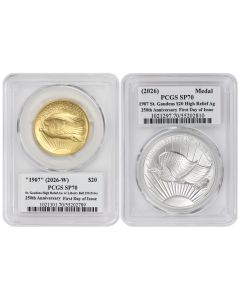 Set of 2 1907 (2026) $20 Gold Saint Gaudens and Silver Medal PCGS SP70 FDOI SQ Label w/ OGP