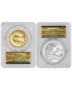 Set of 2 1907 (2026) $20 Gold Saint Gaudens and Silver Medal PCGS SP70 FDOI 250th Label w/ OGP