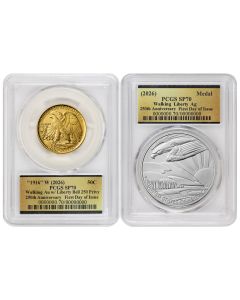 PRE-ORDER Set of 2 1916 (2026) 50c Gold Walking Liberty and Silver Medal PCGS SP70 FDOI 250th Label w/ OGP