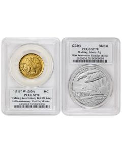 PRE-ORDER Set of 2 1916 (2026) 50c Gold Walking Liberty and Silver Medal PCGS SP70 FDOI Semiquincentennial Label w/ OGP