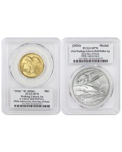 PRE-ORDER Set of 2 1916 (2026) 50c Gold Walking Liberty and Silver Medal PCGS SP70 FDOI Semiquincentennial Label w/ OGP