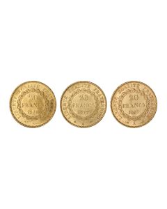 Lot of 3 France Gold 1876, 1877, & 1897 20 Francs Angel BU