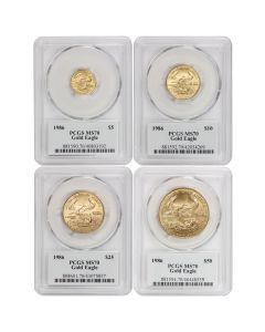 Set of 4 1986 Gold Eagle PCGS MS70 Mercanti Label