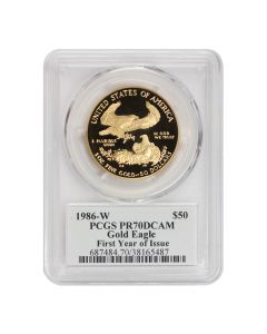 1986-W $50 Eagle PCGS PR70DCAM Mercanti Label