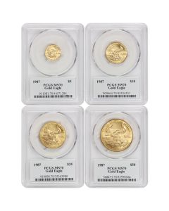 Set of 4 1987 Gold Eagles PCGS MS70 Mercanti Label