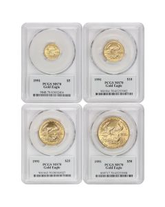 Set of 4 1991 Gold Eagles PCGS MS70 Mercanti Label