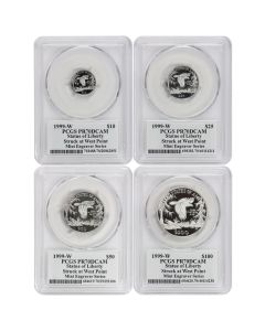 Set of 4 1999-W Platinum Eagles PCGS PR70DCAM Struck at West Point Mercanti Label