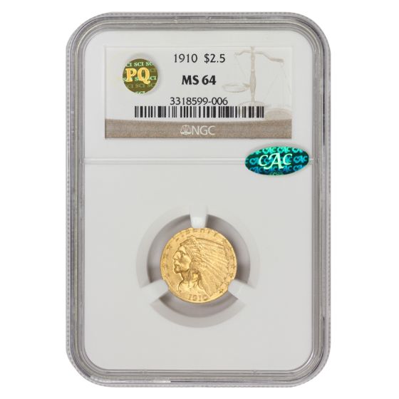 1910 $2.50 Gold Indian NGC MS64 CAC PQ