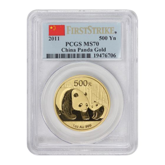 China 2011 Gold Panda 500 Yn PCGS MS70 FS Flag Label