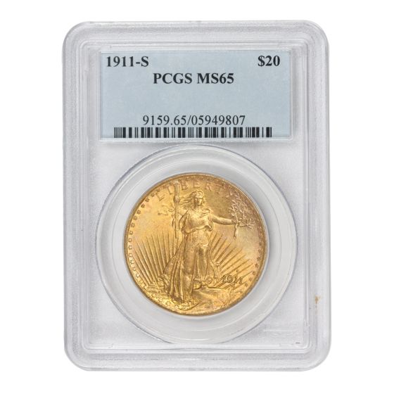1911-S $20 Gold Saint Gaudens PCGS MS65