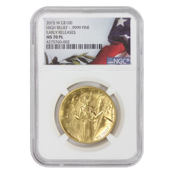 【Special Price】 天使心臓(ゴールド)オブジェ 2015-W $100 Gold High Relief Liberty NGC MS70PL ER Flag Label