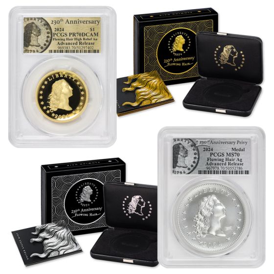 Set of 2 2024 Gold Flowing Hair High Relief and Silver Medal Privy PCGS PR70DCAM & MS70 AR w/ OGP