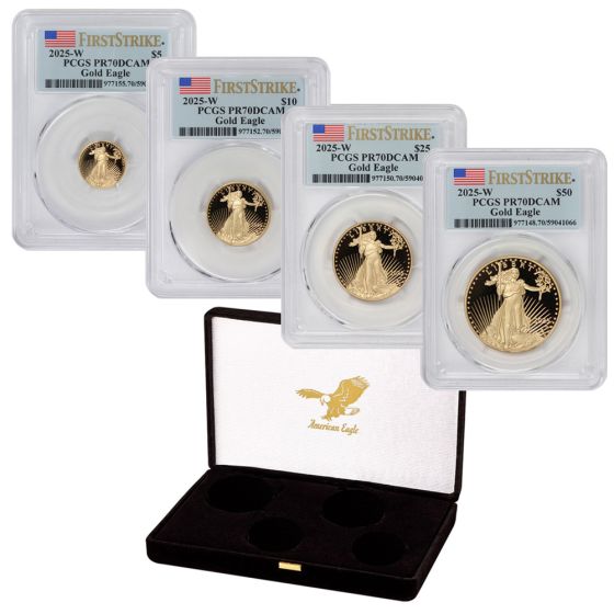 Set of 4 2025-W Gold Eagles PCGS PR70DCAM FS Flag Label w/ OGP