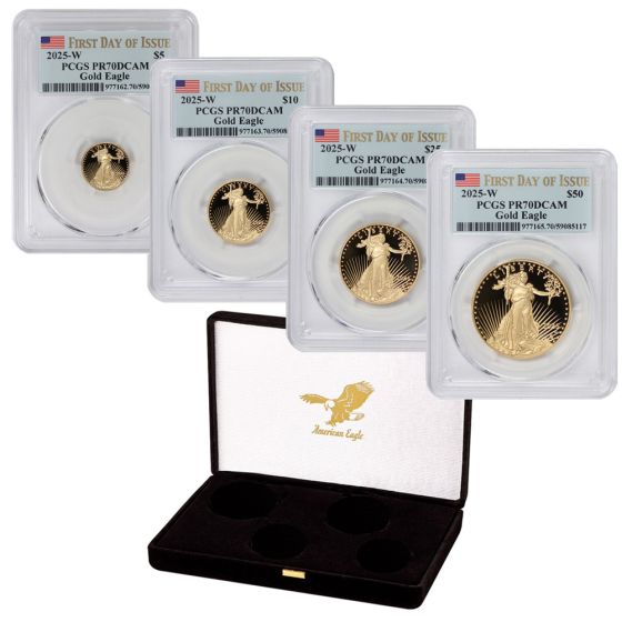 Set of 4 2025-W Gold Eagles PCGS PR70DCAM FDOI Flag Label w/ OGP