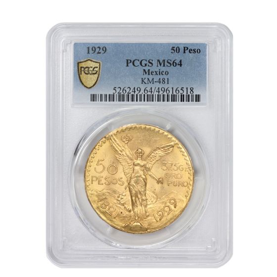Mexico 1929 Gold 50 Peso PCGS MS64