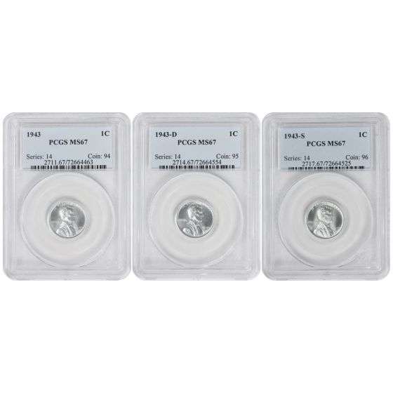 Set of 3 1943 1c Lincoln Cent PCGS MS67