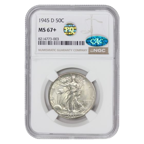 1945-D 50c Silver Walking Liberty NGC MS67+ CAC PQ