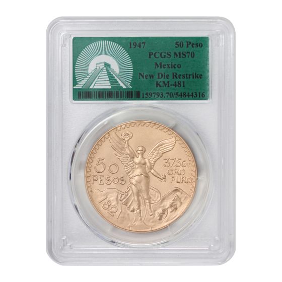 Mexico 1947 Gold 50 Peso PCGS MS70 New Die Restrike