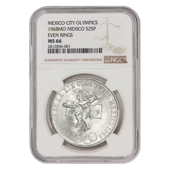Mexico 1968 Silver 25 Peso Olympics Even Rings NGC MS66