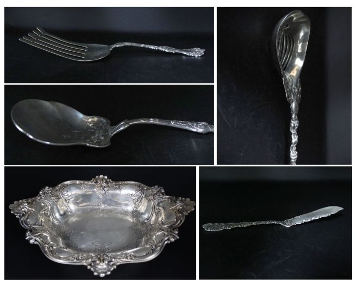 Set of 5 Sterling Silver Antique Serveware 31.69 oz .925 Sterling Silver