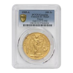 France 1905-A Gold 100 Franc Angel PCGS Genuine Cleaned AU Detail